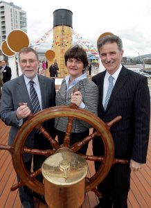SS Nomadic...Social Development Minister Nelson McCausland, Tourism Minister Arlene Foster and Dr Denis Rooney CBE, Chairman of the SS Nomadic Charitable Trust have officially opened the SS Nomadic at her Hamilton dock berth in Belfast