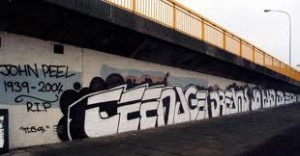 The John Peel/Undertones mural under a Belfast flyover