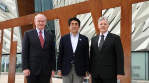 Martin McGuinness and Peter Robinson with Japan's Prime Minister Shinzo Abe at Titanic Belfast on Tuesday