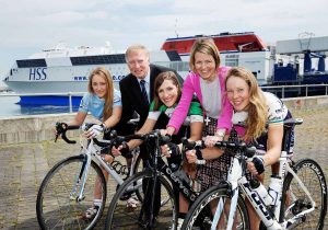 Michael Byrne from Stena Line met with some of the riders at Dun Laoghaire Port recently - (from left) Rachael Kaye-Mellor of Joe Daly Cycles, Charlotte McaDonald from Orwell Wheelers, race organiser, Valerie Considine and Melanie Spath, the newly crowned two-time National Road Racing Champion of Ireland.
