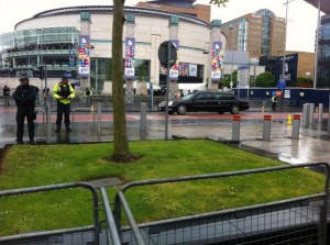 The US President's car 'The Beast' leaves the Waterfront Hall for George Belfast City Airport