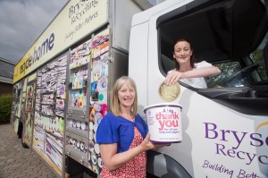 (From L- R): Ellen Hillen from Northern Ireland Children’s Hospice and Claire McCallum from Bryson Recycling celebrate Bryson’s annual ‘£1 a tonne campaign’, which has raised almost £6,000 for the local charity