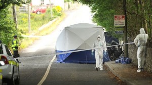 The scene of the crash in Westport where a car boot was found to contain the bodies of two missing brothers