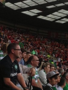 Cliftonville fans doing 'The Huddle' at Celtic Park on Tuesday night