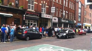 Fans queuing for the 500 extra tickets for the Cliftonville v Celtic match on Wednesday night
