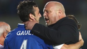 David Jeffrey congratulates Michael Gault for scoring a stunning goal