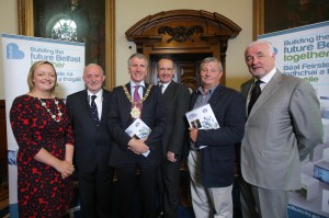 Lord Mayor of Belfast Mairtin O'Muilleoir with guest speakers at his Vision for Belfast launch