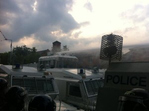 Water cannon being used in East Belfast on Monday night to quell rioting