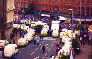 A bird's eye view of the stand between loyalists and police in Belfast's Royal Avenu