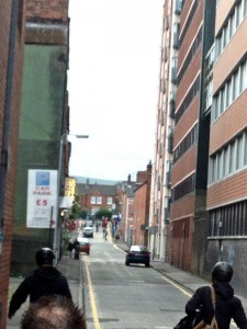 Republican youths head down Kent Street in a bid to reach Royal Avenue