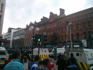 Police are out in large numbers for a loyalist counter protest in Royal Avenue on Friday evening