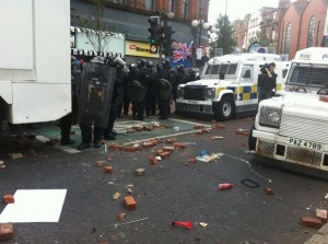 Debris and missiles which were thrown by loyalists at police in Belfast's Royal Avenue last Friday night