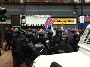 Loyalists try to breach police lines in Royal Avenue