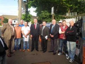Rev Mervyn Gibson, DUP's Jonathan Bell and Jeffrey Donaldson visit Twaddell Avenue 'civlil rights' camp on Friday
