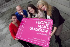 Pictured at the launch is Minty Woolgar (right), Marketing Communications Manager of GCMB, Laura Vass (left) of Glasgows Leading Attractions,  Sarah Watson of Glasgow International Comedy Festival and comedian Gary Little