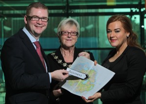 Pictured with the Minister is Mayor of Ballymena Borough Council Audrey Wales and Council Chief Executive Anne Donaghy. PICTURE:BRIAN THOMPSON/PRESSEYE