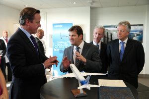 LIFT-OFF...Prime Minister David Cameron is pictured with First Minister Peter Robinson, Michael Ryan from Bombardier and Pierre Baudoin, President and Chief Executive of Bombardier during a visit to the Bombardier Factory in east Belfast this morning, PICTURE: Kelvin Boyes / Press Eye.