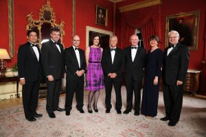 Pictured at the Gala Dinner at Hillsborough Castle this evening are, from left to right:  Japanese Minister Naoki Ito, Alastair Hamilton, Chief Executive of Invest NI; US Consul General, Gregory Burton; Secretary of State Theresa Villiers; First Minister Peter Robinson; deputy First Minister Martin McGuinness;  Enterprise Minister Arlene Foster and Canadian High Commissioner, Gordon Campbell. PICTURE: Kelvin Boyes / Press Eye. 