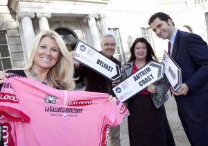 L-R) Fiona Cunningham from the Northern Ireland Tourist Board (NITB) joins legendary Irish cyclist and former Giro winner Stephen Roche, Naomi Waite from NITB and Giovanni Nipoti from RCS Sport as they gear up for next years Giro dItalia cycle race 