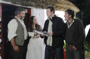 From left, Nigel ONeill (John), Louise Matthews (Sarah), writer Darren Gibson and Lalor Roddy (The Pedlar) during the making of "Stumpy