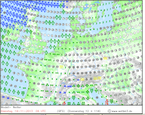 The IWO weather map showing snow heading for parts of Northern Ireland