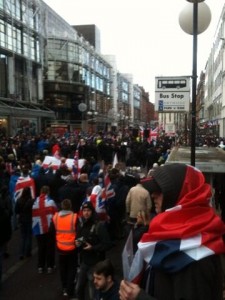 Loyalist protestors gather in Royal Avenue in Belfast city centre