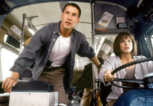 The film 'SPEED' with Sandra Bullock behind the wheel with Keanu Reeves