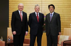 Peter Robinson and Martin McGuinness are pictured meeting Prime Minister Abe at his office in Tokyo. Picture by Kelvin Boyes / Press Eye.