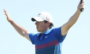 Rory McIlroy celebrates on the 18th hole after winning the Australian Open during day four of the 2013 Australian Open at Royal Sydney Golf Club