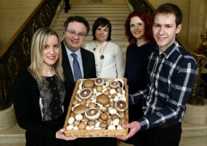 Minister for Employment and Learning, Dr. Stephen Farry, recently welcomed the launch of the companyÕs Graduate Programme 2014 at Stormont. Pictured are l-r Ciara O'Connor, Training and Development Graduate, from Crossmaglen, Minister for Employment and Learning, Dr. Stephen Farry, Maria Morrison, Occupational Psychologist - Development and Talent Specialist, Monaghan Mushrooms, Tara Wison, Training and Development Director, Monaghan Mushrooms and  Andrew Shanks, Farm Manager, from Tandragee. 