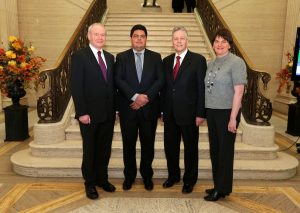 First Minister Peter Robinson, deputy First Minister Martin McGuinness and Enterprise Minister Arlene Foster welcomed Marcus Molina, Chief Executive of BrazilÕs Marfrig Group to Stormont where they discussed potential investment opportunities at Moy Park in Northern Ireland. Pic: Kelvin Boyes/PRESSEYE