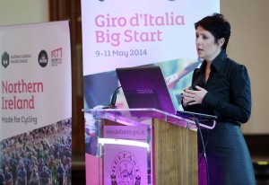 Susie McCullough, Director of Business Support and Events OF NITB addresses tourism organisations and business representatives from Belfast at the city hall. PIC: KELVIN BOYES/Presseye