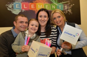 Power NI’s Susan Hutchinson pictured with Jonathan and Katie (age 5) from Belfast join Power NI’s Aine Bloomer to help power the launch of the Elements exhibition at the Ulster Museum.