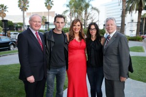 First Minister Peter Robinson and the deputy First Minister Martin McGuinness pictured with Joan Burney Keatings, CEO of Cinemagic and Johnny McDaid from Snow Patrol with his partner actress Courteney Cox.