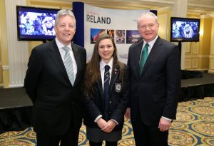 First Minister Peter Robinson and the deputy First Minister Martin McGuinness pictured with Methodist College pupil Hannah Nelson at the annual St. Patrick's Day. PIC: KELVIN BOYES/PRESS EYE