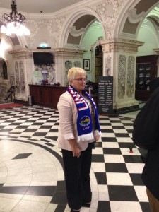 DUP councillor Ruth Patterson wore a Linfield scarf to the monthly meeting of Belfast City Council