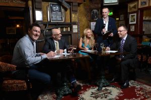 Great Ulster Pub Week World Record Attempt 1: (l-r): Gareth Stewart, Cool FM presenter, Colin Neill, CEO of Pubs of Ulster, Miss Northern Ireland Meagan Green, Gary Myles, Downtown radio presenter and Mark Stewart, Pubs of Ulster chairman get in some practice for The Great Ulster Pub Week World Record Attempt Pub Quiz.