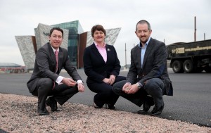 Philip Corr, Project Manager from Titanic Quarter, Enterprise, Trade and Investment Minister, Arlene Foster and Paul Brogan, McQuillans Director roll ahead with Giro d’Italia. Local company John McQuillan Contracts Ltd has become the official technical partner for The Grande Partenza of the global event. PIC: PRESSEYE