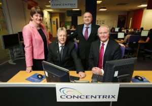 Peter Robinson and Martin McGuinness are pictured with Enterprise Minister Arlene Foster and Senior VP of Concentrix Philip Cassidy. PIC: KELVIN BOYES/PRESS EYE