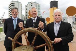 Ships Ahoy...Denis Rooney, Chairman of the Nomadic Charitable Trust welcomes First Minister Peter Robinson and Sammy Douglas MLA onboard the SS Nomadic. 