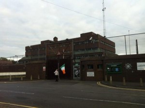 A lone republican protestor outside the serious crime suite in Antrim on Friday night