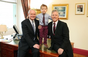 HAPPIER TIMES...Oscar Knox took over the offices of First Minister Peter Robinson and deputy First Minister Martin McGuinness at Parliament Buildings in July 2013