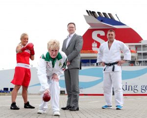 SPORTING GREATS: Team Northern Ireland athletes Alanna Audley-Murphy, Barbara Cameron and Mark Montgomery are pictured with Neil Palmer of Stena Line as the ferry giant backs Northern Ireland’s elite athletes to bring home medals at this year’s Commonwealth Games in Glasgow