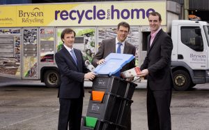 L to R- Willie Francey, Chair of Bryson Recycling Board, Eric Randall, director of Bryson Recycling and Environment Minister, Mark H Durkan MLA experience first-hand a range of innovative Bryson products that are helping to provide a pioneering approach to recycling across the UK.