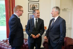 First Minister of Northern Ireland Peter Robinson (r) and Finance Minister Simon Hamilton (l) are pictured with Mark Carney, Governor of the Bank of England after their meeting at Stormont Castle in Belfast this afternoon.