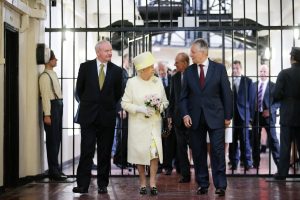  First Minister Peter Robinson and deputy First Minister Martin McGuinness with Her Majesty The Queen and His Royal Highness The Duke of Edinburgh during their visit to Crumlin Road Gaol, Belfast. Picture by Kelvin Boyes / Press Eye.