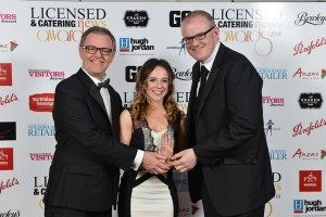 Stephen Meldrum, general manager at the Slieve Donard Resort and Spa collects the award for Hotel of the Year from Roisin O’Brien, area sales manager for category sponsor and Dermot Murtagh.