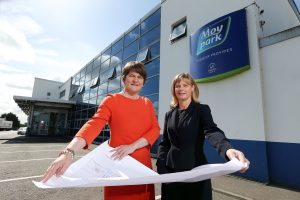 Enterprise Trade and Investment Minister Arlene Foster is pictured with Janet McCollum, Chief Executive of Moy Park, after announcing a £170m expansion by the company that will provide 628 new jobs across three sites:PIC: BY KELVIN BOYES/PRESSEYE