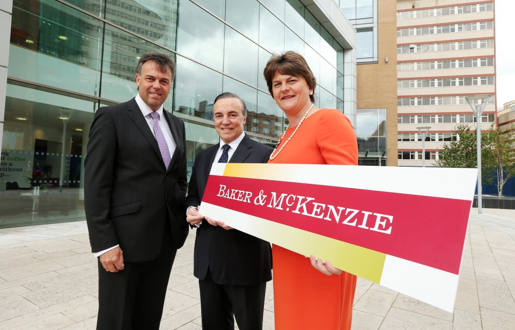 Pictured, left to right, Alastair Hamilton, Chief Executive, Invest NI; Eduardo Leite, Chairman, Baker & McKenzie and Enterprise Minister, Arlene Foster. PIC: KELVIN BOYES/PRESSEYE