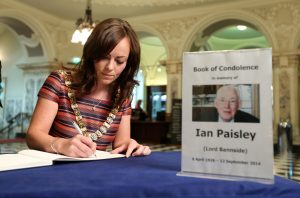 Lord Mayor of Belfast Cllr Nichola Mallon signs a book of condolence at Belfast City Hall in memory of former DUP leader and First Minister Rev Ian Paisley. PIC: KELVIN BOYES/PRESSEYE